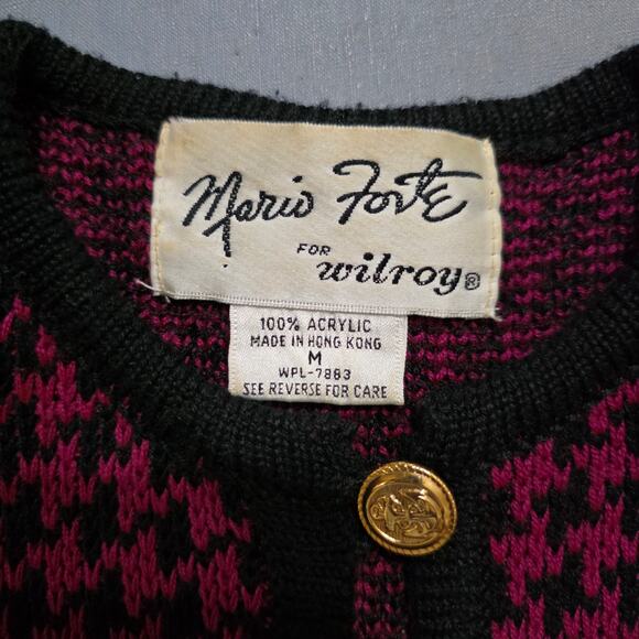 Vintage Mario Forte Fuchsia Black Houndstooth Button-down Cardigan Sweater, Med - Picture 6 of 9